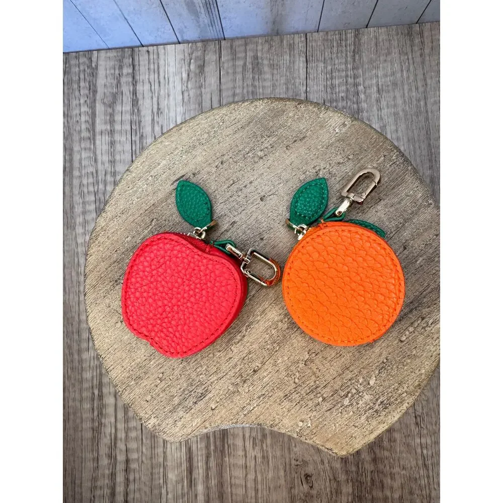 Set of 2 Apple Orange Pouch Purse Charms Fruit Keychains NeW FAST SHIP